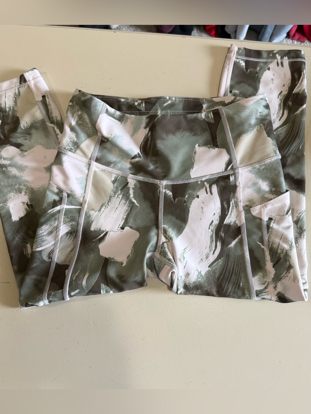 Womens Athleta Ultimate Stash II Olive & White Print Active capri Leggings